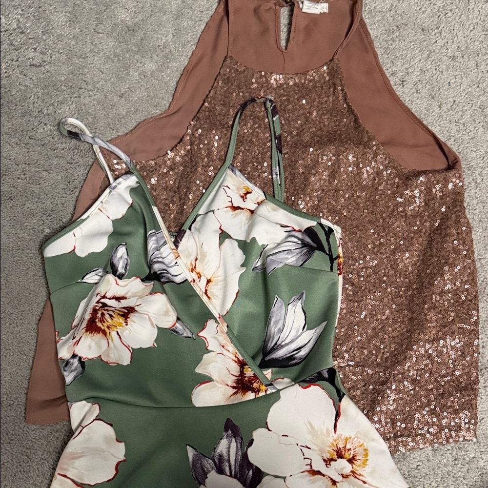 Monteau Green Floral Top with Brown Sequin Detail